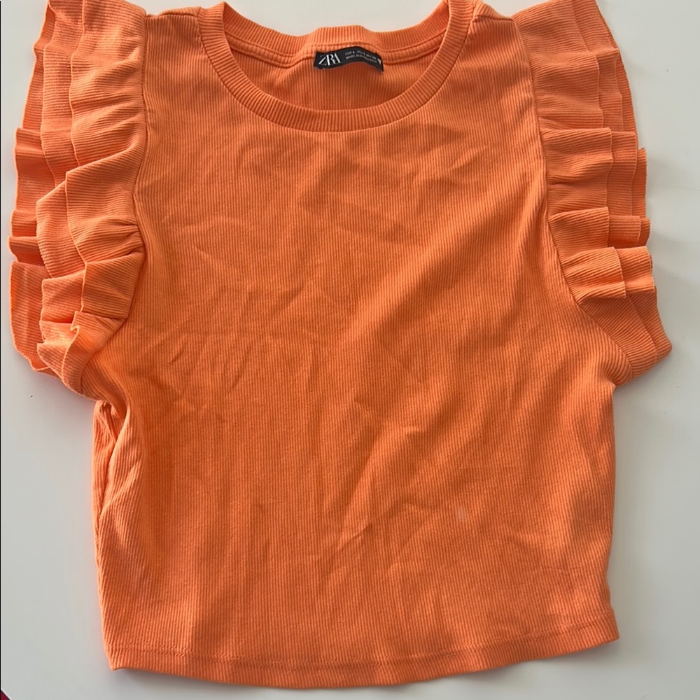 Zara Orange Ruffle Sleeve Short Sleeve Tee